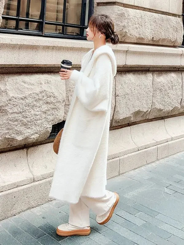 Faux Mink Coat Hooded Knit Cardigan Womens Mid-Length Autumn and Winter Lazy Wind Sweater Coat Sweaters for Women 240828