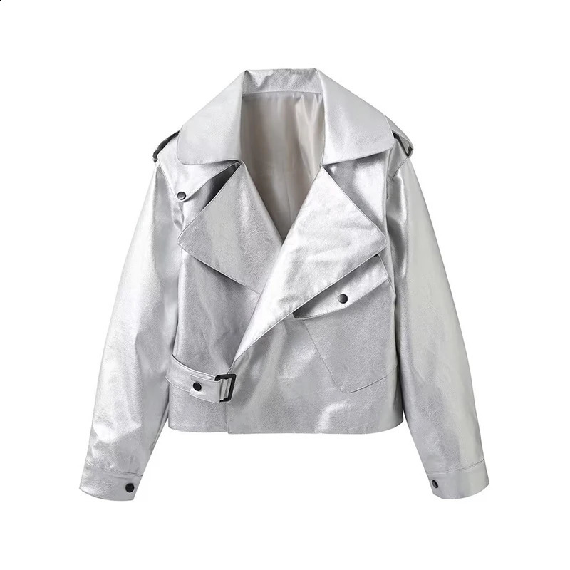 Autumn Winter Streetwear Leather Jacket Long Sleeve Polo Collar Silver PU Jacket Loose Outerwear for Women Overcoat 240828