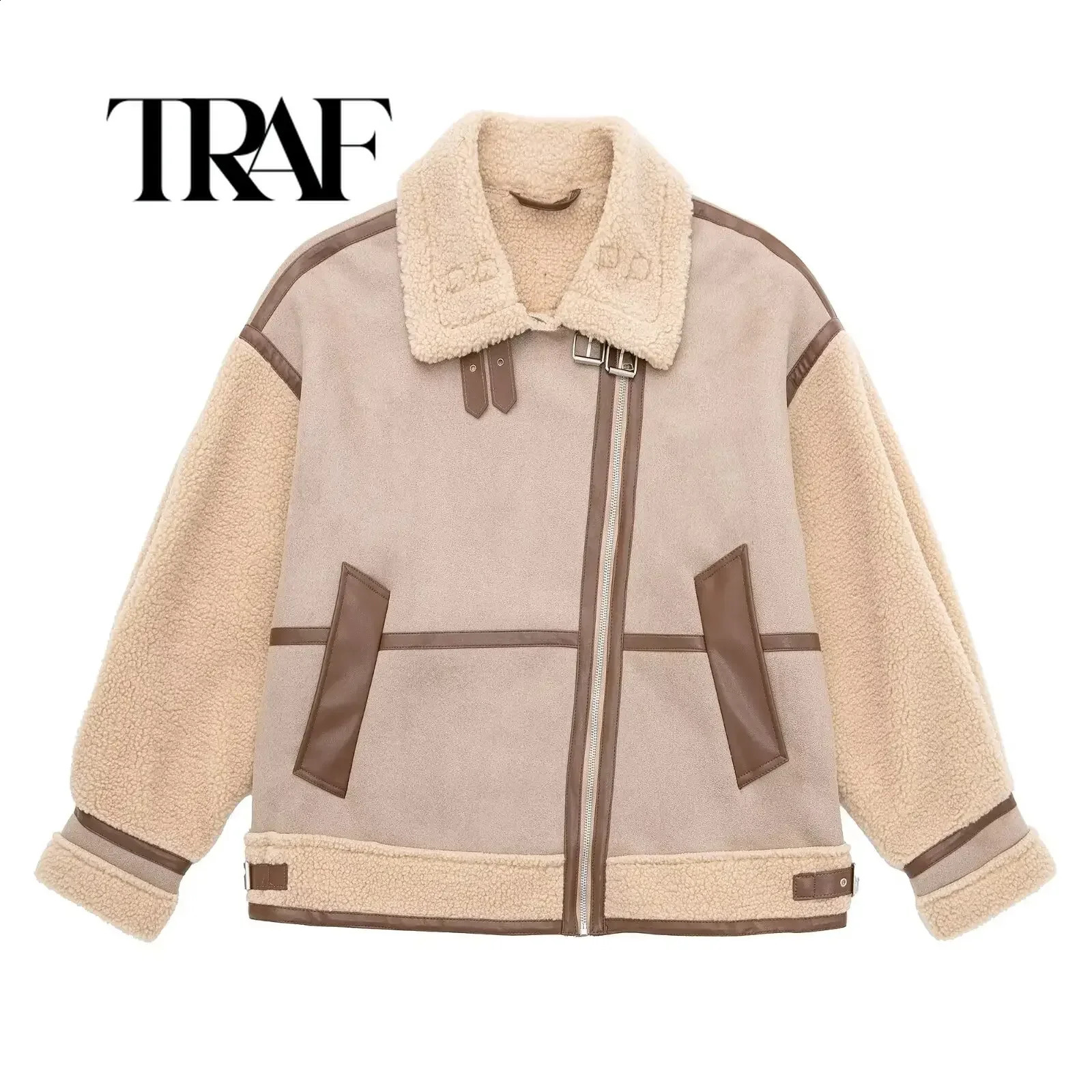TRAF Women 2024 Loose Splicing Side Pocket Fur Faux Leather Jacket Coat Retro Long Sleeve Zipper Womens 8073255 240828