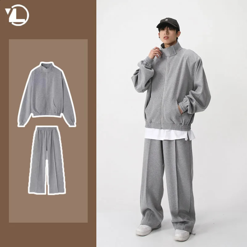 Spring Autumn Korean Mens Tracksuit Simplicity Sports Unisex Suit Solid Stand Collar Trendy Topcasual Sweatpants 2-pcs Set 240828