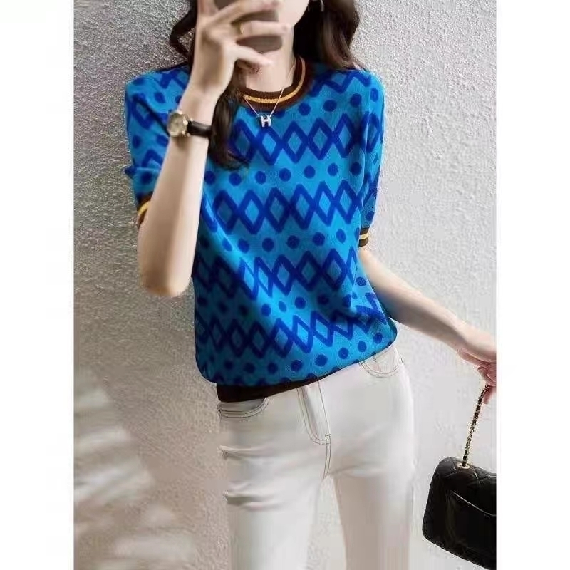 Spring/Summer Womens Cashmere Short Sleeve Casual Color Matching Womens Slimming O-Neck Pullover Sweater 240829