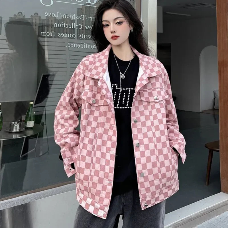 Pink Plaid Jacket Womens Autumn High-end Feel Loose-fit Denim Top Versatile Long Sleeveshirt Korean Style 240828