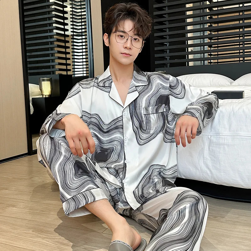 Jxgarb Autumn Mens Ice-silk Pajamas Sets Full Sleeve And Trousers Two Pieces Satin Male Winter Leisure Night Clothes 240828
