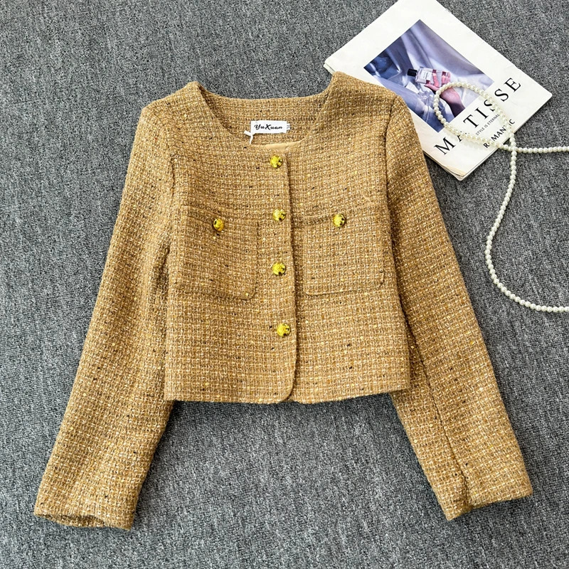 Socialite Small Fragrance Checkered Coarse Woolen Coat Womens Autumn French Jacket Round Neck Suit Top Outerwear 240828