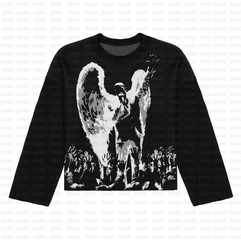 Hip Hop Street Style Loose Fit Round Neck Jacquard Sweater Gothic Casual Vintage Pullover Top For Men Women 240829