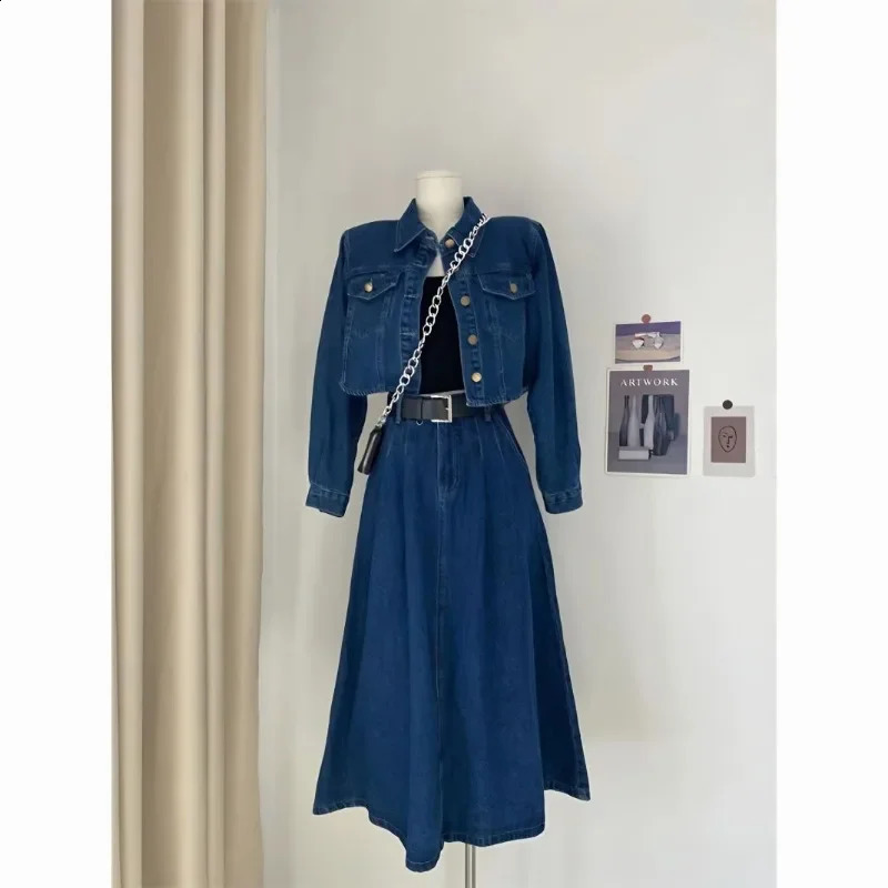 Womens Set Autumn Retro Blue Polo Neck Denim Short Coat Slim High Waist Half Length Dress Casual Fashionable Two Piece 240829
