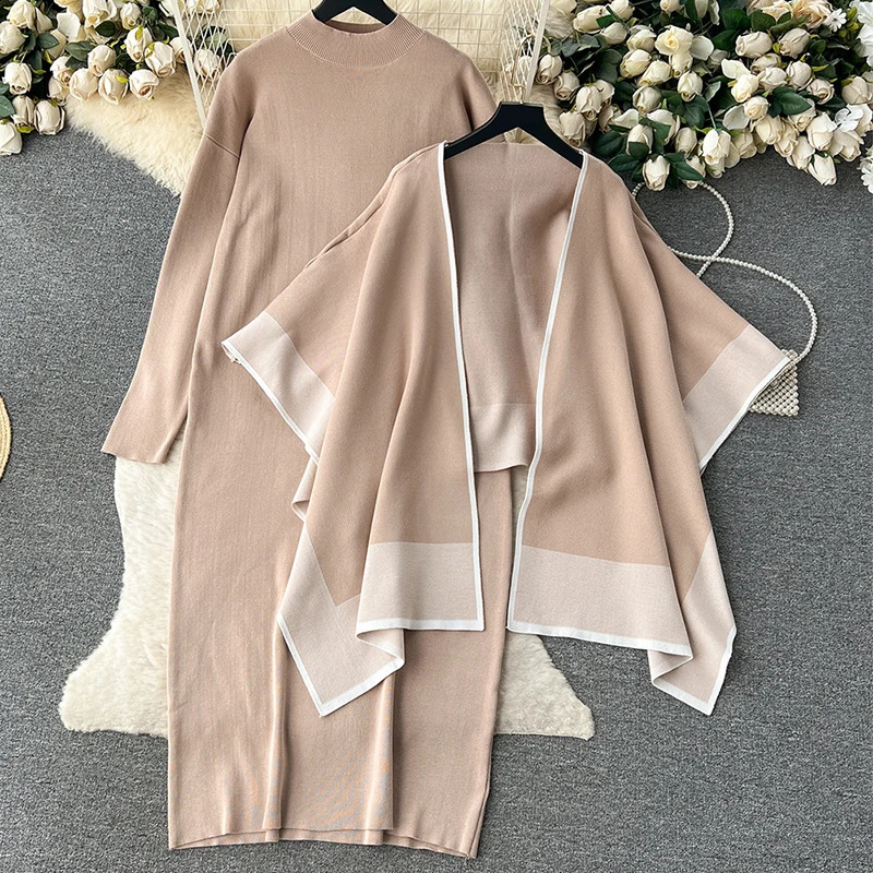 Women Fall Casual Set Contrast Color Shawl CoatSolid Long Sleeved Mock Neck Knit Mid-Length Dress Elegant Loose Winter Outfit 240829