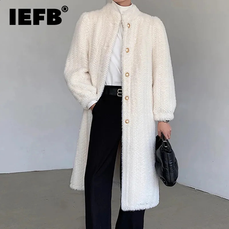 IEFB Mens Warm Coat Autumn Fashion Fur Cotton Knee Length Stand Collar Male White Outwear Men Clothing Simple 9C3599 240829
