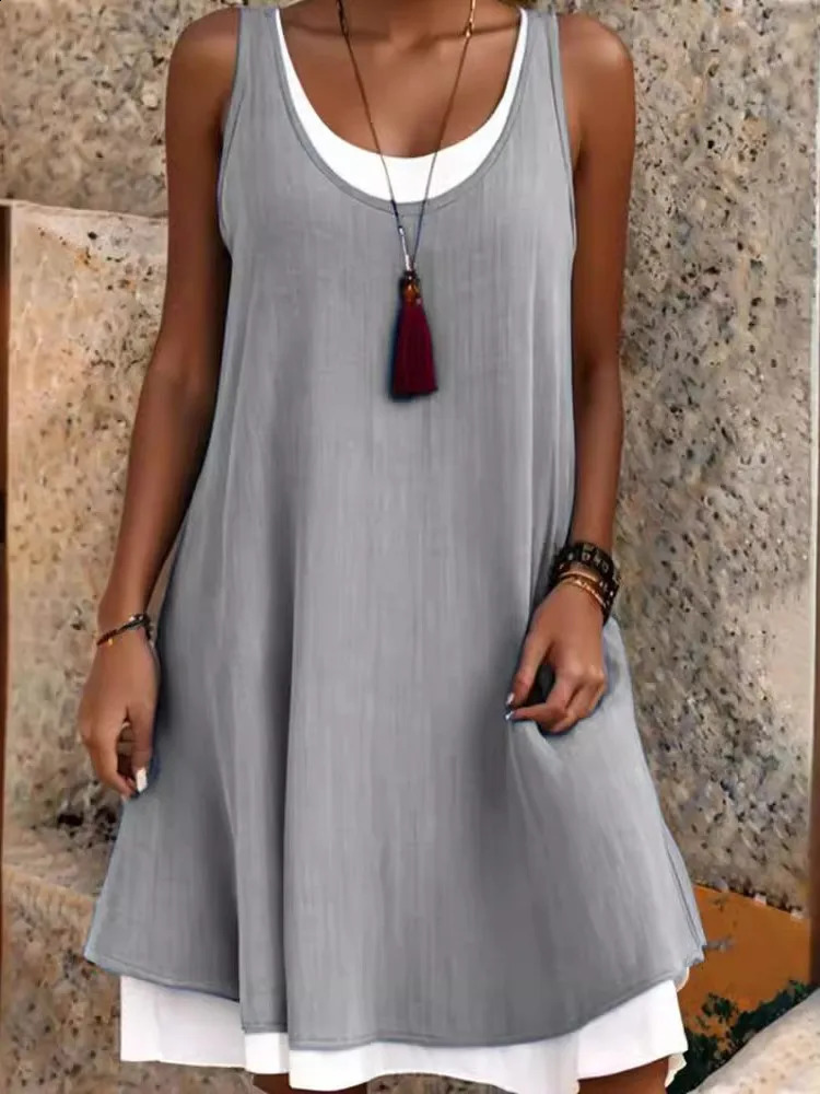 Summmer Womens Solid Dress Casual Sleeveless Two Piece Loose Dresses Female O Neck Office Holiday Beach Party 240827