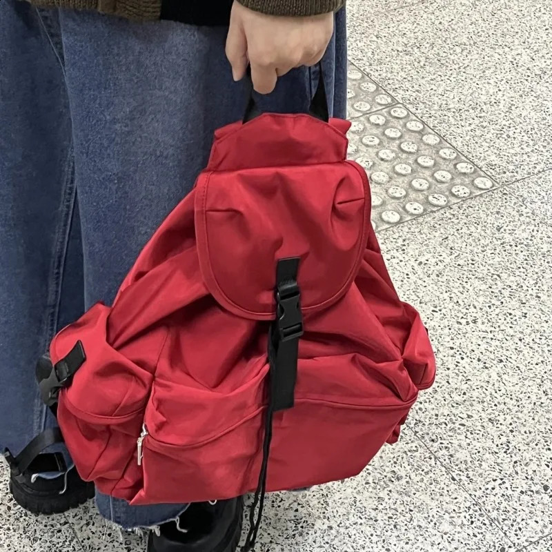 MBTI Vintage Red Fashion Backpacks for Women Nylon Pockets Multi-functional Backpack Students Solid Color Ladies Bag 240830