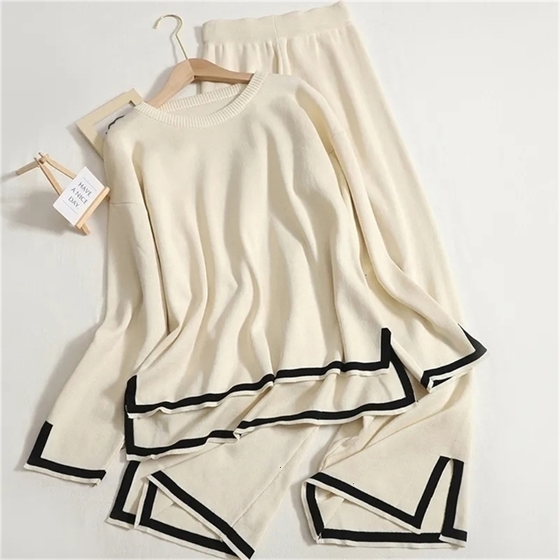 Élégant Pullage à fente latérale élégante Pantalon de la jambe à manches longues à manches longues 2 pièces Couleur solide d'automne décontracté
