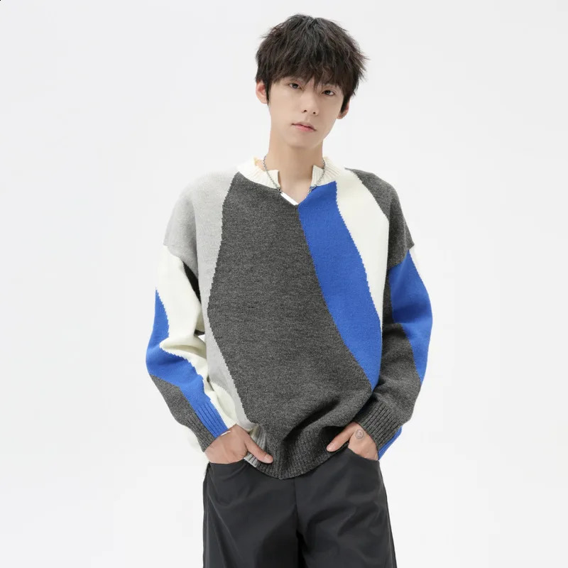 Pull à col homme en V 2024 automne et hiver lâche de style coréen Couleur de contrat premium pull torsadé 240829