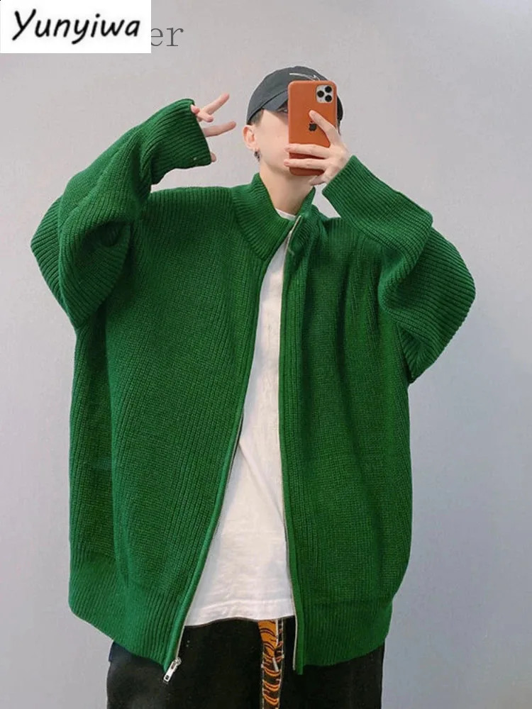 Zipper Knitted Sweater Mens Autumn Street Clothing Oversized Green Fashion Zipper Rack Collar Jacket 240829