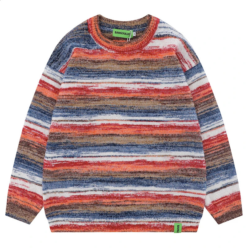 Autumn Mens Knitted Jumper Sweater Hip Hop Gradient Stripe Knitted Street Clothing Harajuku Fashion Casual Zipper Knitted Clothing 240829