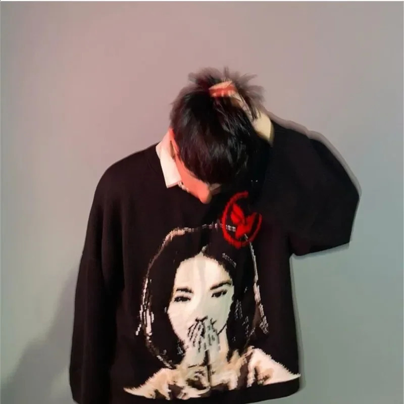 Y2k European American Cartoon Character Jacquard Men Womens Unique Street Round Neck Long Sleeve Pullover Knit Sweater 240829