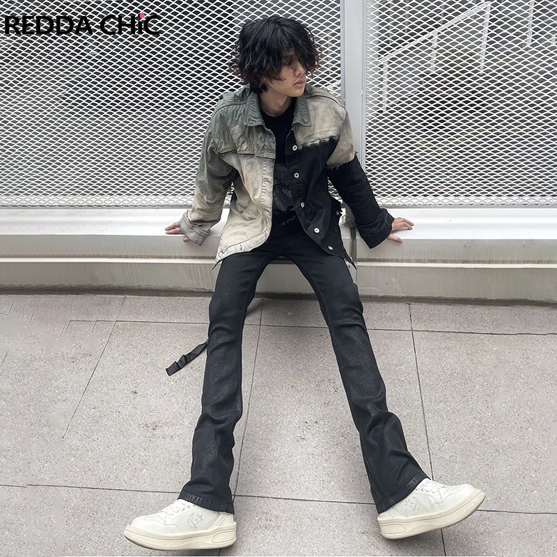 REDDACHIC Flowy Belt Wax Coated Mens Flare Jeans Black Retro Y2k Stretchy Skinny Bootcut Pants Hiphop Trousers Harajuku Clothes 240829