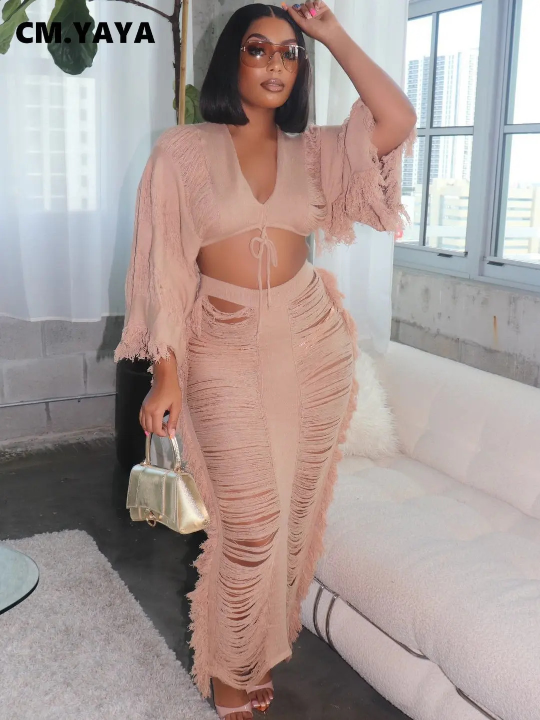 Cm.yaya femmes hautes volants coupés latérales midi bodycon maxi jupes et pull à manches longues deux robe de tenue de 2 pièces 240829
