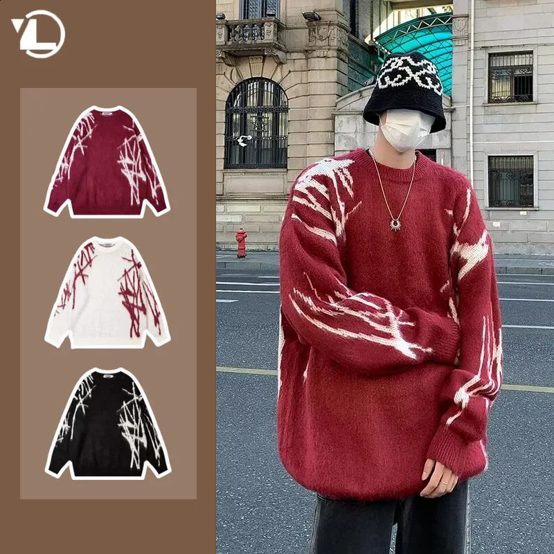 2024 Pull imprimé Style Mentide Japonais Harajuku Couple de mode Knitwear High Street Retro Color Cloud Neck Pullover Mens Style 240829