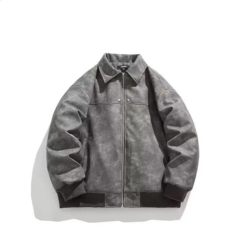 Style Vintage Pu Leather Cropped Studded Jacket Men Spring Autumn Chamois Leather Lapel Baseball Uniform Maillard Couple Jacket 240829