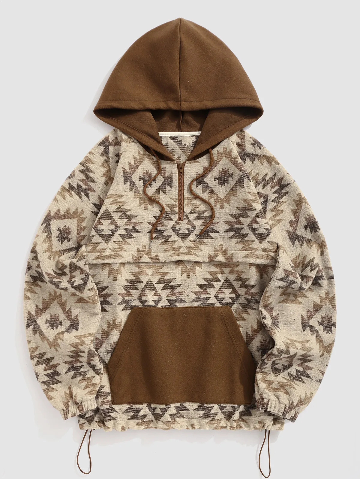 zafull Mens Ethnic Aztec Printed Quarter Zipper Kangaroo Pocket Zipper Hoodie 240829