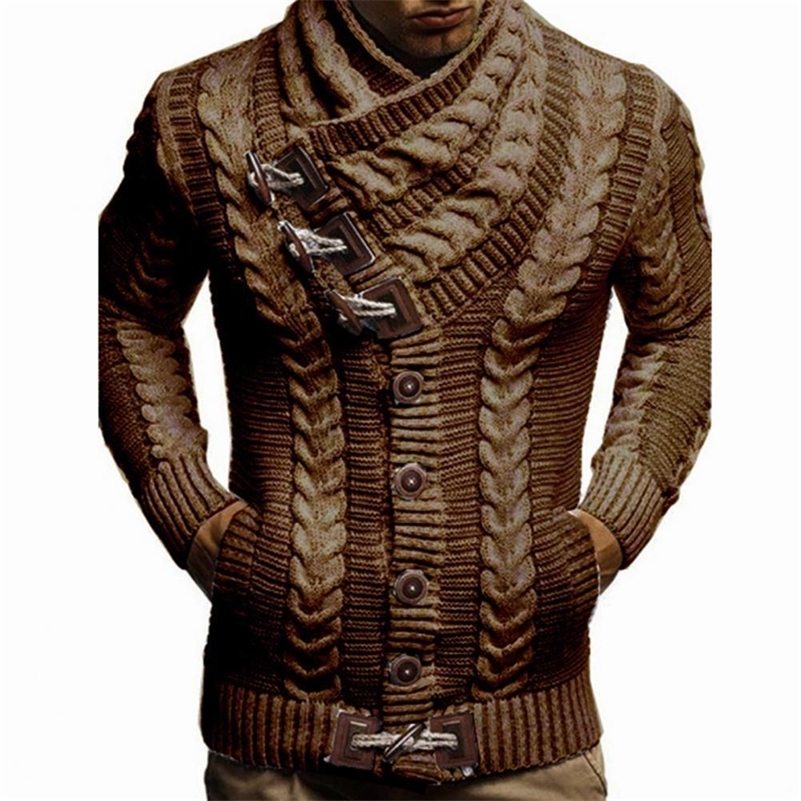 Turtleneck sweater jacket mens button decoration long sleeved loose casual twisted cardigan wool sweater knitted cardigan top 240829