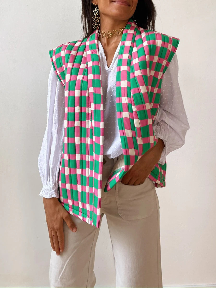 Womens warm and cushioned vest fashionable ultra-thin printed sleeveless vest open front cardigan lined jacket autumn jacket 2024 240830