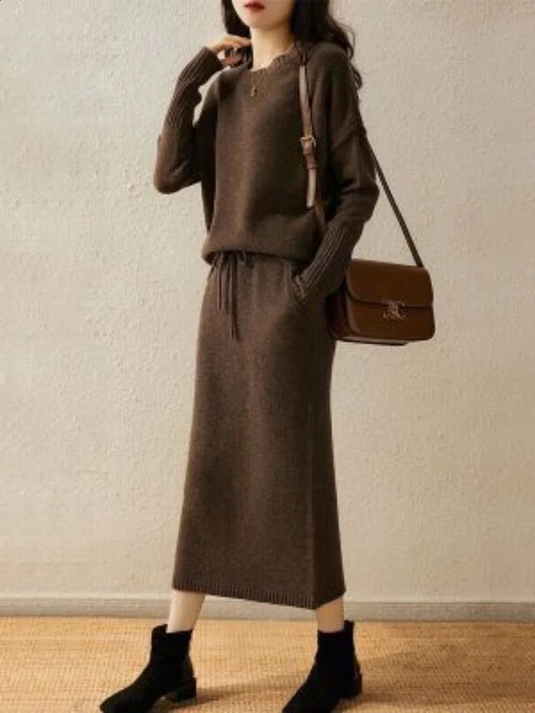 Korean Fashion Two Piece Sets Womens Outifits Solid Knitted Sweater Dress Sets Loose Pullover Sweater Skirt Sets Womens Clothing 240829