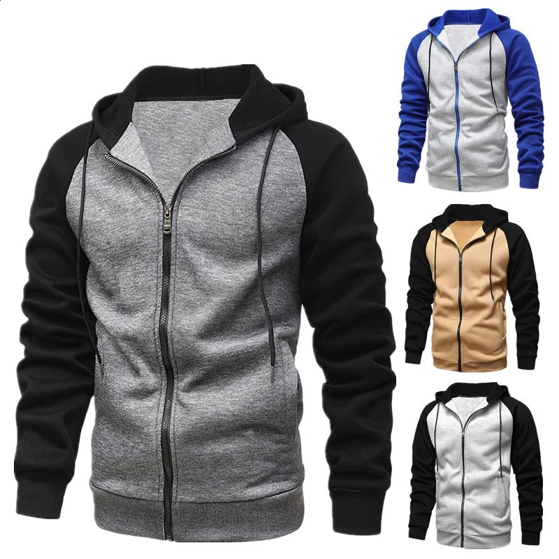 mens zipper colored square hooded sweatshirt casual and fashionable durable autumn and winter top Raglan sleeve hooded sweatshirt mens sportswear 24