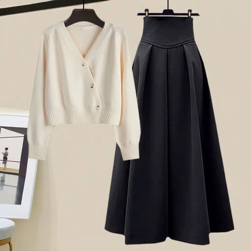 Spring Autumn Suit Womens French Sweater Midi Skirts Outfits Knit Cardigan Knitwear High Waist Slim Skirts Two Piece Set 240829