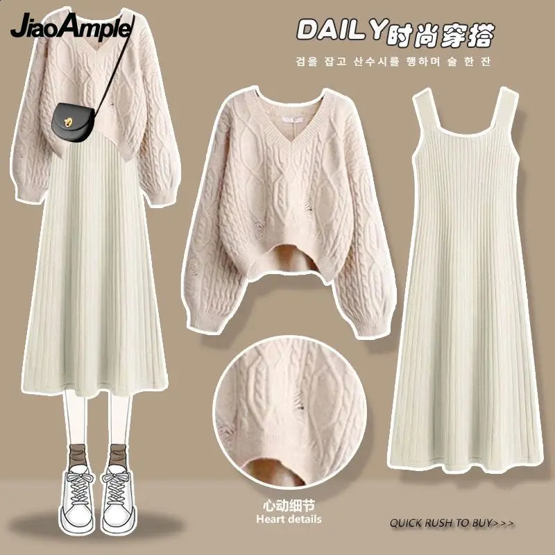 Womens Autumn Winter Loose Hole Knitted Sweater Strap Dress Two Piece Suit Korean Elegant Long Sleeve Pullover Matching Set 240829