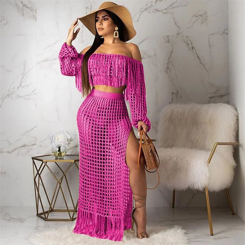 Sexy franged cassel d'été sets tenues femmes de plage de la plage de la plage en tricot crochet creuse voir à travers la fête maxi robe vacances