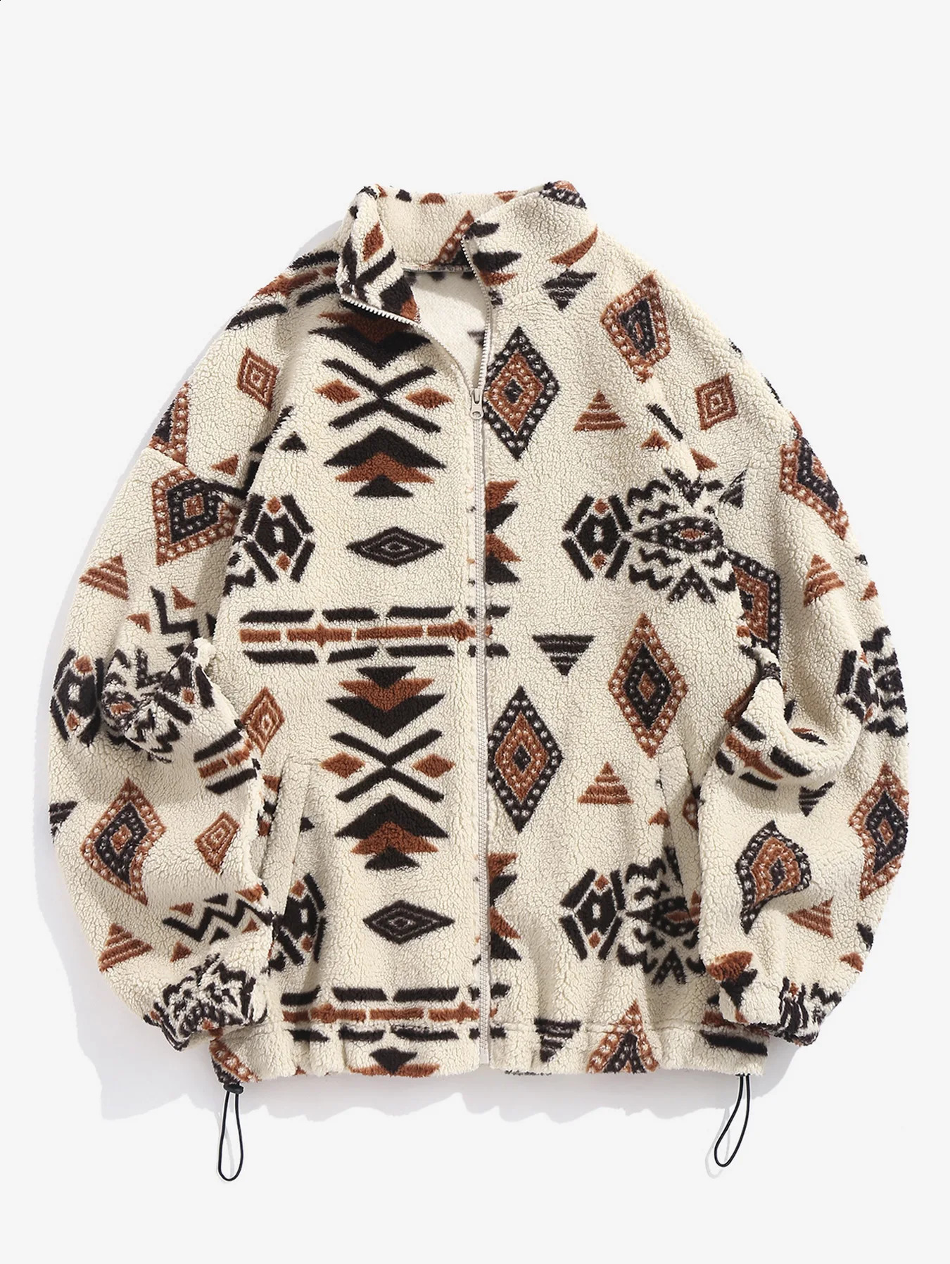 zafull Womens Ethnic Geometric Printed Artificial Fur Shift Drawing Bottom Zipper Shoulder Support Collar Coat Coat 2024 240829