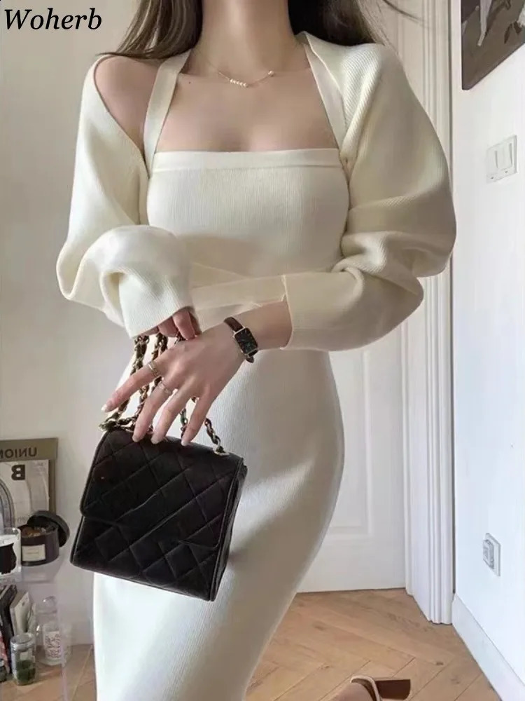 Elegant Ladies 2 Pieces Knitted Set Long Sleeve Crop Cardigans Sweaters Spaghetti Strap Bodycon Bandage Sleeveless Dress 240829
