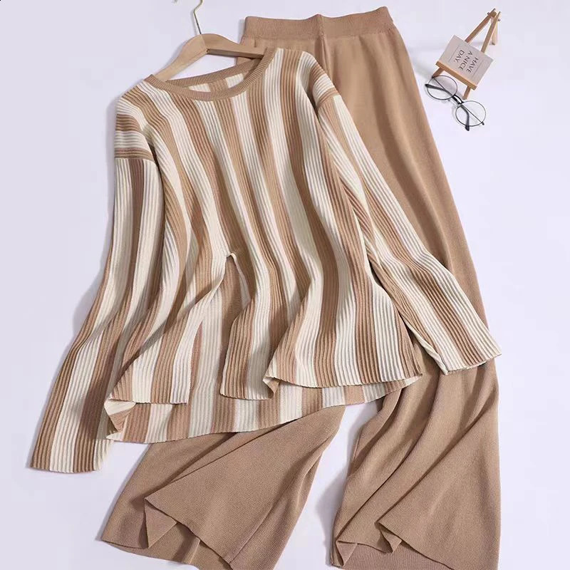 Panté de pull pour femmes ensembles de pulls décontractés costumes d'automne tricot en hiver en vrac à manches longues à manches rayées élégants