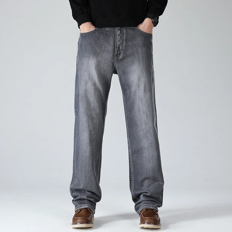 Spring and Autumn Cotton Stretch Midweight Straight Loose Gray Black Jeans Quality Clothing Vintage Nostalgic Mens Casual Pants 240829