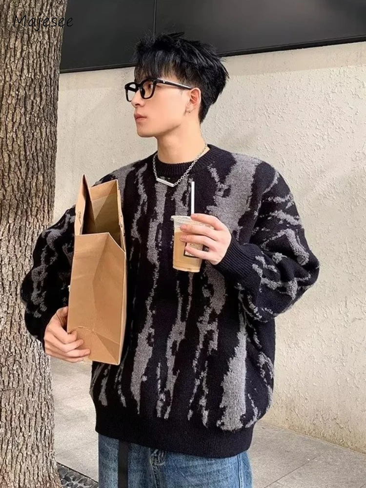 Slouchy Sweaters Mens Loose Contrasted Colors Handsome Young Vitality American Retro Zipper Punk Stretch Long Sleeve 240829