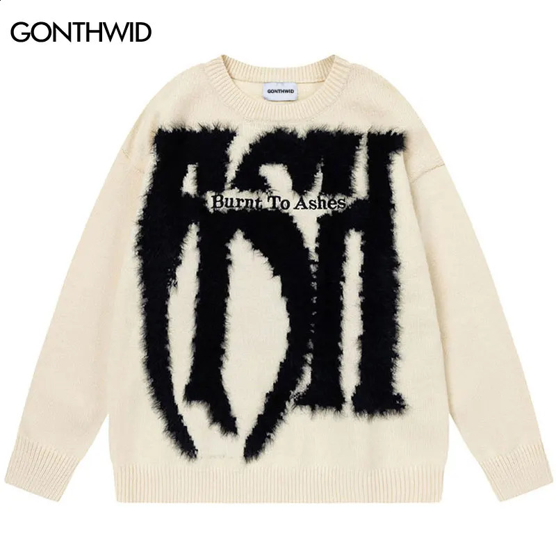 Harajuku Men Sweaters Y2K Embroidered Knitted Letter Jumpers Streetwear Men Hip Hop Casual Baggy Punk Gothic Pullover Sweaters 240829