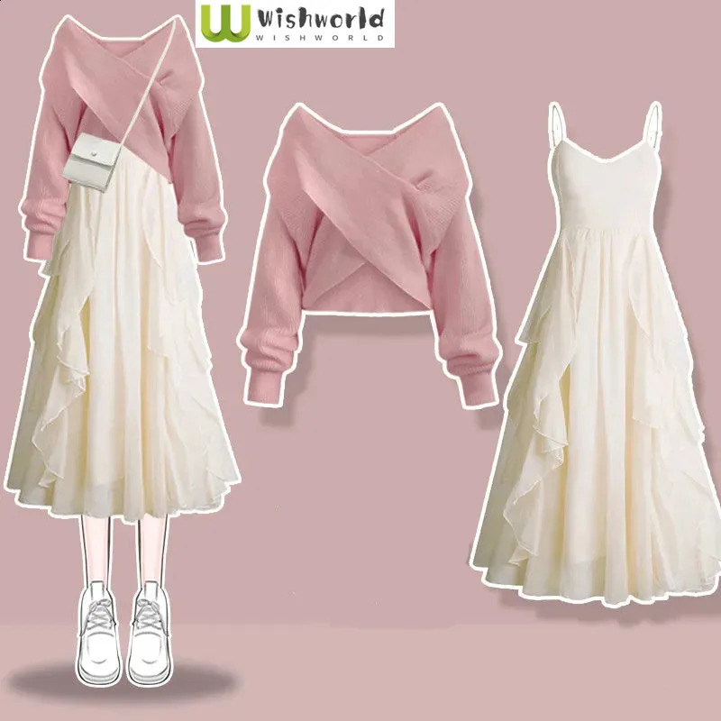 Korean Ruffle Draped Suspender Dress Cross Knitted Sweater Pullover Two-piece Elegant Womens Skirt Set Matching Sets 240829