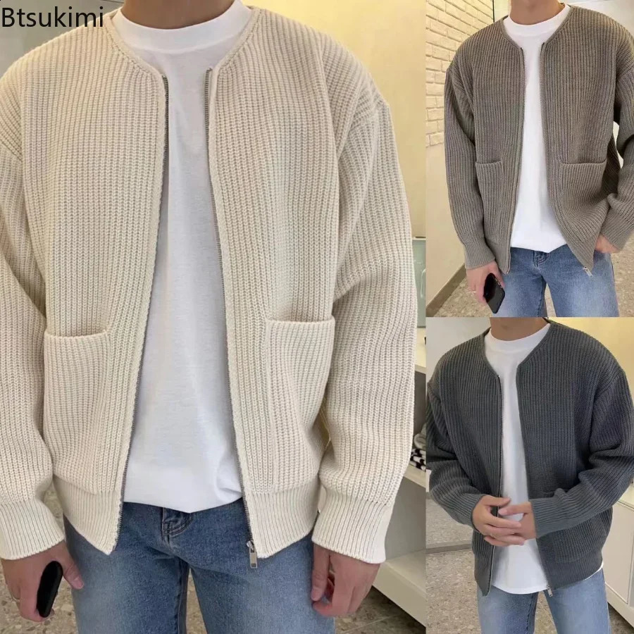 Autumn Winter Mens Coat Long Sleeves Solid Zipper Closure Pockets Thick Keep Warm Cardigan Loose Zip Up Sweater Coat Male 240829