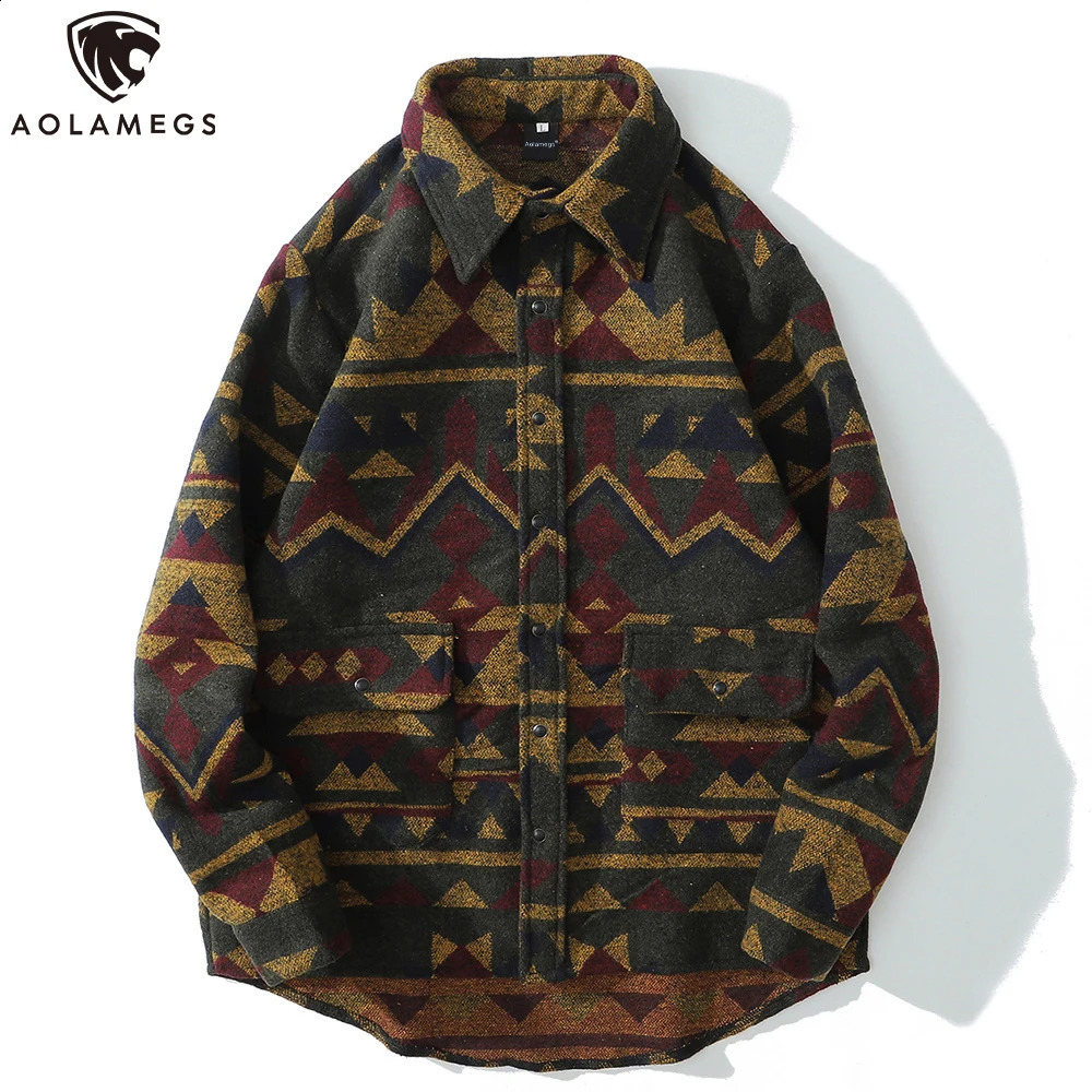 Aolamengs Patchwork color retro geometric pattern mens shirt thick casual bag large pocket Harajuku street autumn outfit 240829