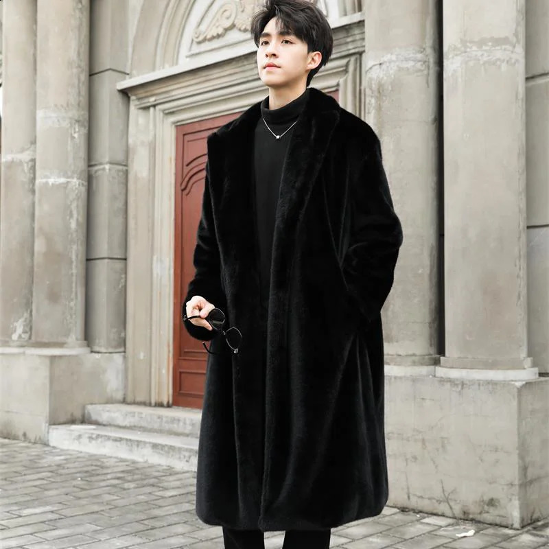 Mens autumn and winter mink fur coat long knee length synthetic fur coat thickened plush windbreaker cotton jacket trendy 240829