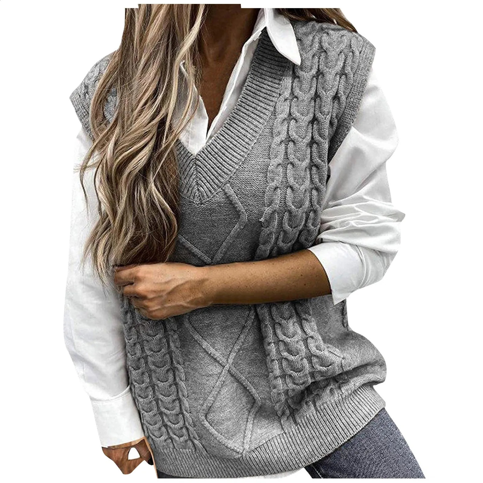 Womens fashion sweater solid color V-neck sleeveless dough vest sweater 240830