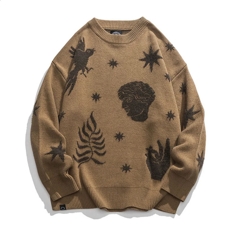 Harajuku Art Portrait Print Round Neck Pullover Mens Street Fashion Casual Loose Sweater Couple Warm Knit Sweater Autumn Winter 240829