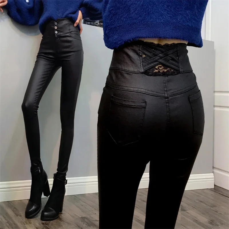 Add Velvet/Non Velvet Black Artificial PU Leather Pants Womens High Waist Elastic Legs Autumn Winter Tight Pencil Leather Pants 240829