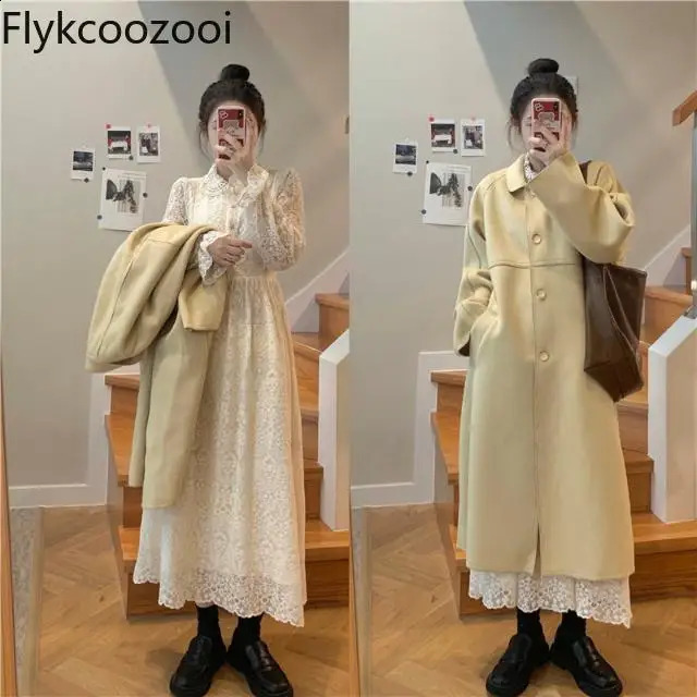 Autumn Gentle Style Long Woolen Coat Female Korean Version Loose Abrigos Para Mujer Casual Winter Jacket Women 240830