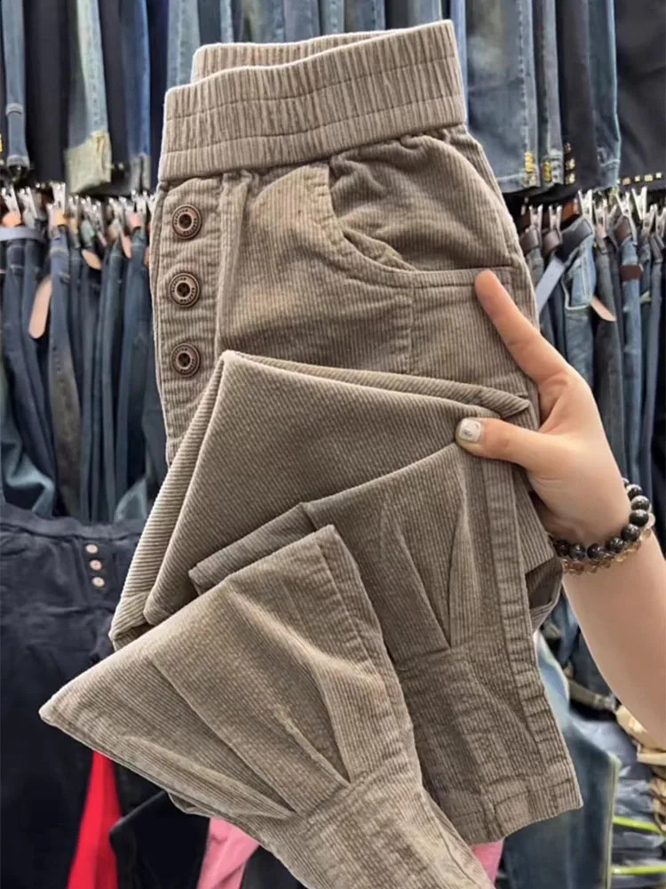 Casual Commute Button Solid Color Corduroy Pants Autumn Winter Womens Clothing All-match Elastic High Waist Trousers for Female 240829