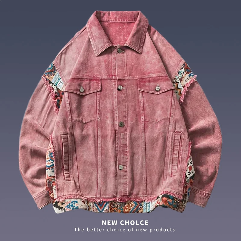 American retro jacket embroidered patchwork pink denim jacket mens casual couple spring autumn denim jacket mens clothing 240829