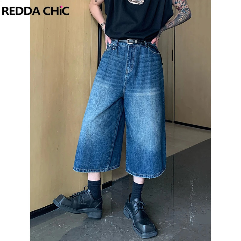 REDDACHiC Retro Blue Brushed Baggy Jeans Jorts Men Solid Frayed Whiskers Low Waist Wide Leg Denim Shorts Casual Summer Clothes 240826Z