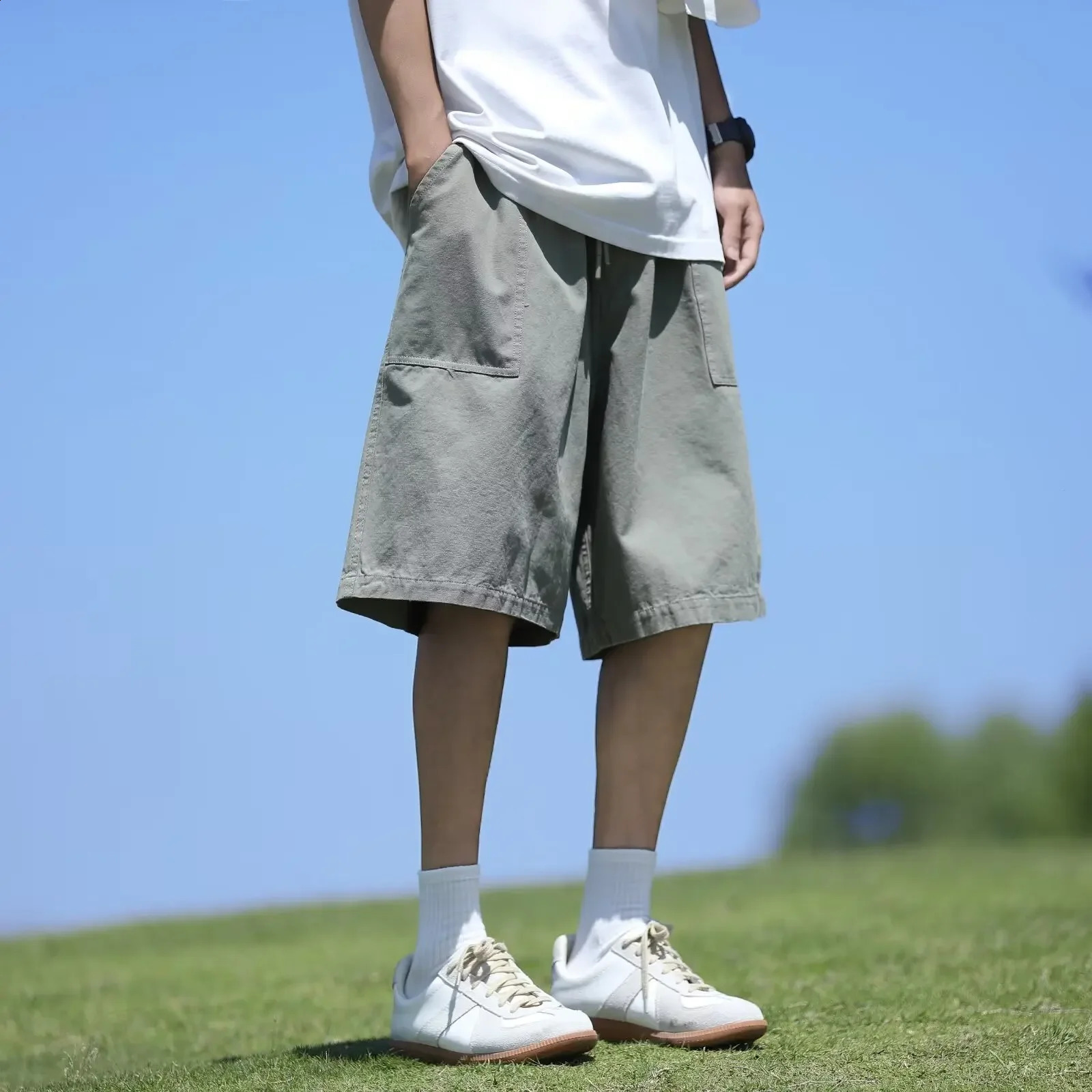 Style japonais Couleur unie simple Coton Shorts de travail pour hommes Summer Trendy Free Fit Right Jam Casual Casual Volypled Pantage 240829