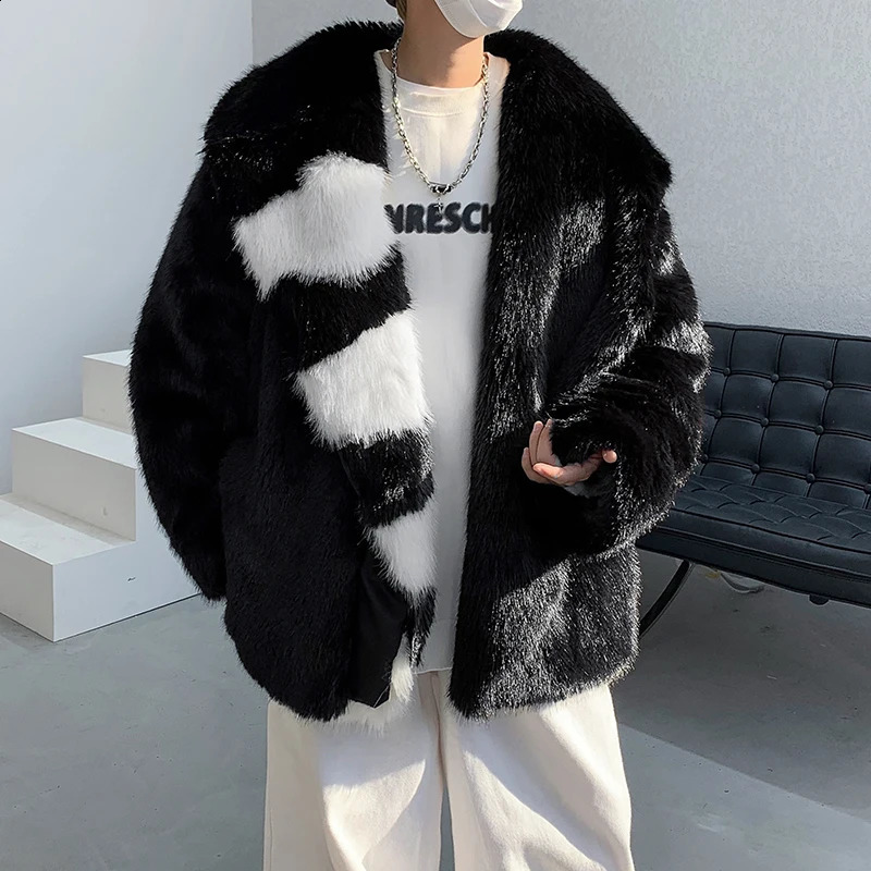 Autumn Winter Oversized Warm Thick Parka Faux Fur Long Sleeve Korean Style Fashion Men Contrast Faux Fur Coat F66 240829